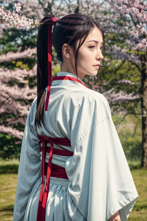 RAW photo, sunny, detailed textures, sharp focus, ultra high pixel detail, facing viewer, sagiri, brown hair, red ribbon, hair ribbon, looking at viewer, outdoors, ponytail, standing, kimono, white kimono, obi, wide sleeves, cowboy shot, cherry blossom, realistic, photo by Flora Borsi and Bella Kotak, cinematic lighting <lora:sagiri:0.85> <lora:Animemix-v3:0.9>