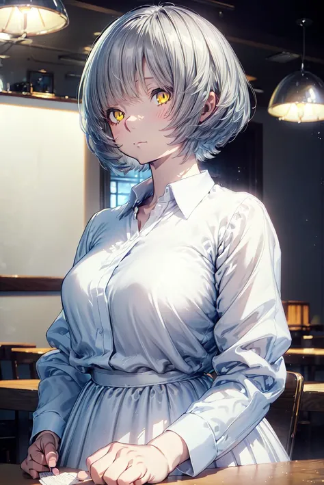 detailed illustration, close up, of a mature chubby woman, momoshiro_chiyoko, pretty face, emotionless expression, yellow eyes, grey hair, short hair, white shirt, white skirt, indoors, cafe, cinematic lighting, hires, volumetric lighting, highly detailed background, lights and shadows, backlit, masterpiece, <lora:add_detail:0.5> <lora:hairdetailer:0.5> <lora:momoshiro_chiyoko_lora_ver1:0.7>