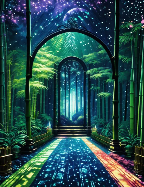 DonMChr0m4t3rr4 Fairy Glade Sanctuary, Bedsheets, Bamboo Flooring and Tapestry with Collage tapestry, Moonlight, Rim Lighting, fantasy <lora:Chromaterra_SD1.5_version-000008:1.2>