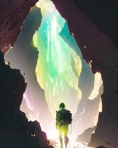 An explorer walking through a bright alien canyon