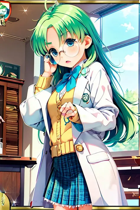 (masterpiece, best quality), 1girl, <lora:Yukawa-Kise:1> yukawakise, green hair, ahoge, long hair, glasses, coke-bottle glasses, opaque glasses, round eyewear, blue eyes, green eyes, cardigan, labcoat, sleeves past wrists, white shirt, blue bowtie, blue skirt, plaid skirt, school uniform