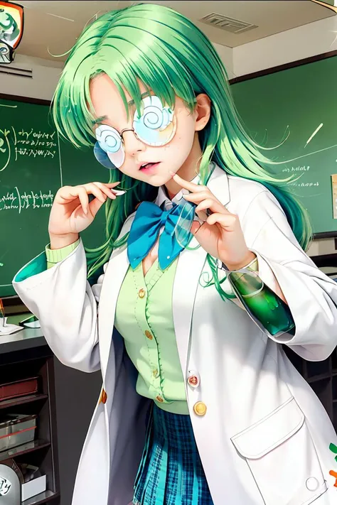(masterpiece, best quality), 1girl, <lora:Yukawa-Kise:1> yukawakise, green hair, ahoge, long hair, glasses, coke-bottle glasses, opaque glasses, round eyewear, blue eyes, green eyes, cardigan, labcoat, sleeves past wrists, white shirt, blue bowtie, blue skirt, plaid skirt, school uniform