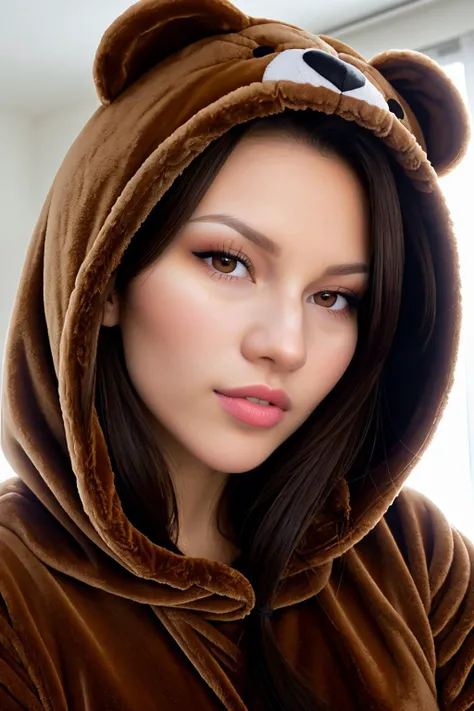 K4t3sPl4ygr0und_V1-Emb, (21 years old), long hair, modern photo, wearing (bear costume), <lora:BearCostume:0.4>, (portrait), cute bear onesie pajamas, super soft plush fabric, fluffy hood, adorable bear hood, (35mm, F/2.8) Photo Focus, DOF, Aperture, insanely detailed and intricate, character, hypermaximalist, beautiful, revealing, appealing, attractive, amative, hyper realistic, super detailed, beautiful woman, ((detailed eyes)), long eyelashes, (glossy lips), in her bedroom, sfw