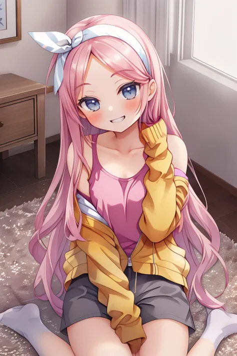 cinematic photo, 
best quality, masterpiece, highres, 
 a pinup of a girl, in private room, sitting on carpet, wariza, leaning forward,  looking at viewer, grin,  from above,
 1girl, szn, short petite, long hair, parted bangs, forehead, flat chest, thighs, 
pink shirt, sleeveless shirt  yelow jacket, off shoulder, sleeves past wrists, grey shorts, hair band, bow,
 <lora:suzune_v1.3:0.8>,   ,
35mm photograph, film, bokeh, professional, 4k, highly detailed,