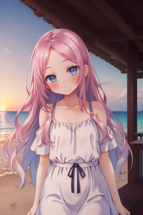 cinematic photo, 
best quality, masterpiece, highres, 
 a pinup of a girl, in beach, sunset, looking at viewer, blush, from above, (close-up:1.2), 
 1girl, szn, short petite, long hair, parted bangs, forehead, flat chest, 
casual dress, white dress,
 <lora:suzune_v1.3:0.7>,   ,
35mm photograph, film, bokeh, professional, 4k, highly detailed,