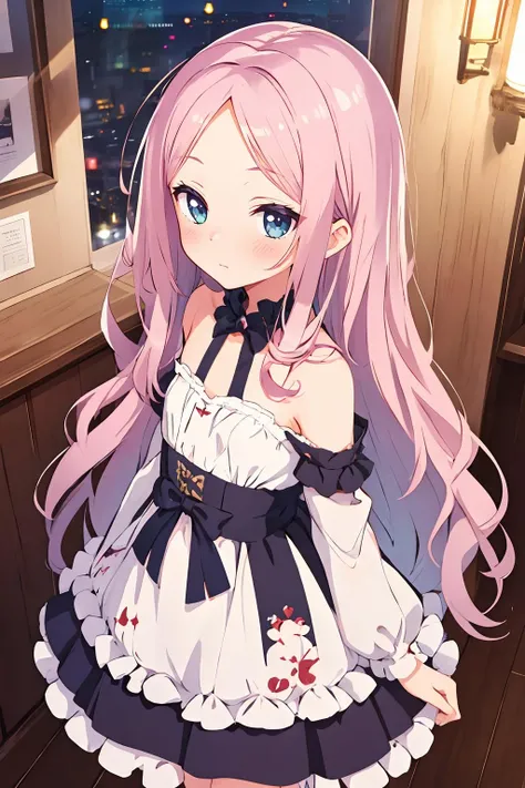 16k, highres, masterpiece, best quality,
cinematic film still,
a pinup of a girl, in cafe, megami magazine, embarrassed, nose blush, looking up, looking at viewer, from above,
1girl, szn, short petite, very long hair, parted bangs, forehead, flat chest, <lora:suzune_v1.1:0.6>
girly dress, luxury pink dress, strapless, frills, embroidery,
shallow depth of field, vignette, highly detailed, high budget, bokeh, cinemascope, moody, epic, gorgeous,
film grain, grainy,
