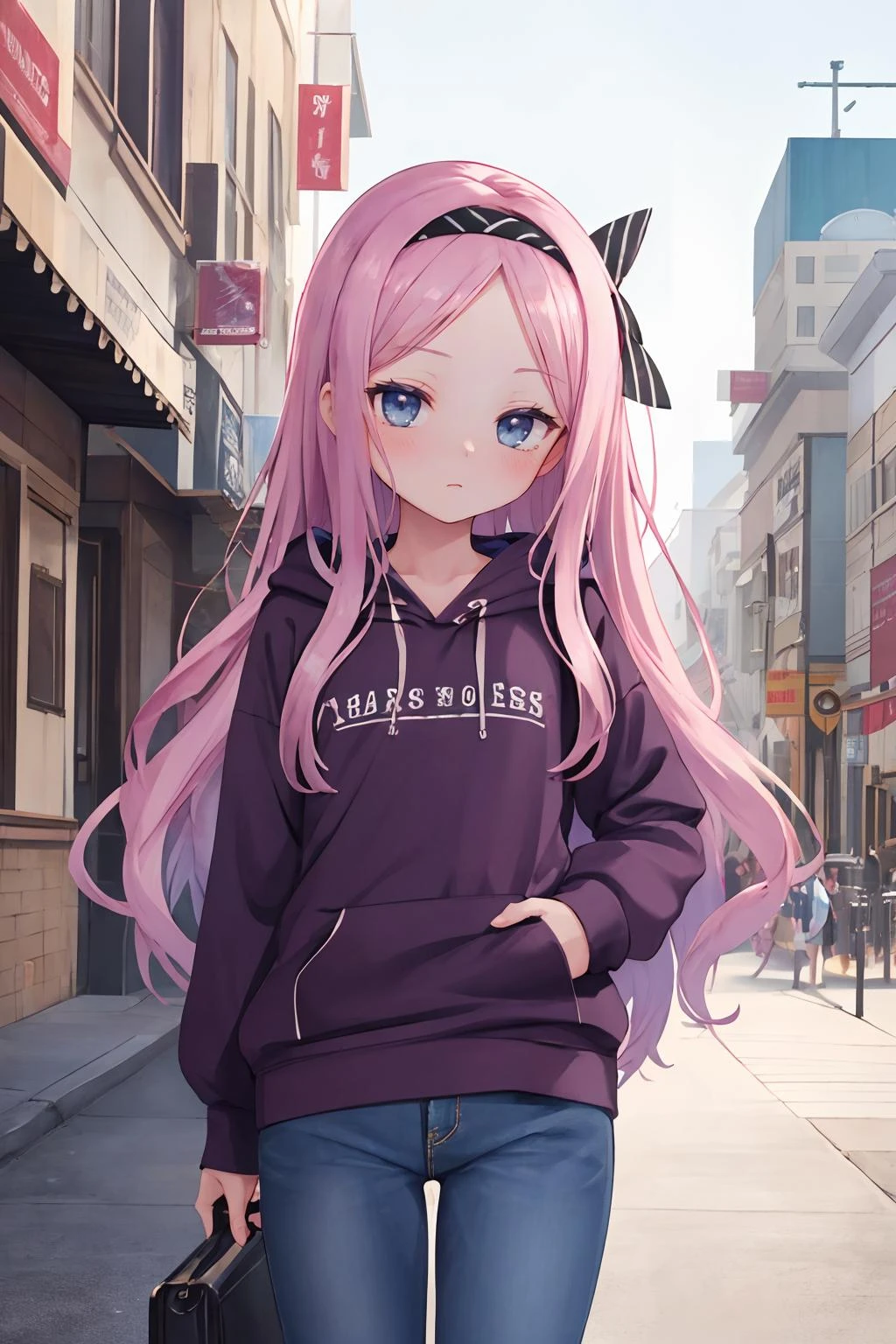 16k, highres, masterpiece, best quality,
cinematic film still,
a pinup of a girl, outdoors, hand in pocket,
1girl, szn, short petite, long hair, parted bangs, forehead, flat chest, <lora:suzune_v1.1:0.6>
purple_hoodie, denim pants, hairband,,
shallow depth of field, vignette, highly detailed, high budget, bokeh, cinemascope, moody, epic, gorgeous,
film grain, grainy,