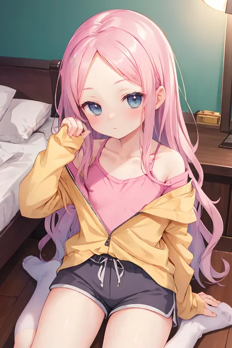 16k, highres, masterpiece, best quality,
cinematic film still,
a pinup of a girl, rest in room, sitting, wariza, from above,
1girl, szn, short petite, long hair, parted bangs, forehead, flat chest, <lora:suzune_v1.1:0.6>
pink shirt, yelow jacket, off shoulder, sleeves past wrists, grey shorts, white bow, ,
shallow depth of field, vignette, highly detailed, high budget, bokeh, cinemascope, moody, epic, gorgeous,
film grain, grainy,