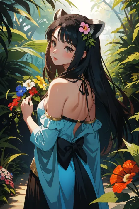 1girl, (art by Brian M. Viveros:0.8) and (Ivan Bilibin:0.8) , mundane Concept art, Rule of Thirds, shot from behind of a Thought-Provoking Cool ([baby Raccoon|Guesthouse]:1.3) , Handsome flower field in background, lush jungle with Petunia, Thunderstorm, split diopter, Dynamic, Hopeful, Catholicpunk, Gel lighting, Fish-eye Lens, Ambrotype, Magic the gathering, stylized, High quality, contest winner, grim