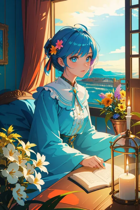 1girl, colorful Renderman, majestic, landscape of a ([Denmark:Brighton:5]:1.3) from inside of a Bungalow, it is very Internally Glowing and Deserted, summer hillside and flowers, Hurricane, Ultra Detailed, Cozy, Analytical Art, Candle light, telephoto lens, Albumen, rich color, Vitrail, High quality, artstation