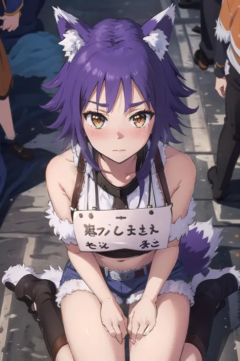 anime, hdr, soft light, ((best quality)), ((masterpiece)), (detailed), <lora:Makoto_V1_30_10:0.6> makoto, tail, crop top, bare shoulders, short shorts, fur trim, looking at viewer, embarrassed, blush, sitting, kneeling, hand between legs, (sign around neck:1.3), city, street, crowd, people, from above, <lora:PetShamingV1:0.8>
