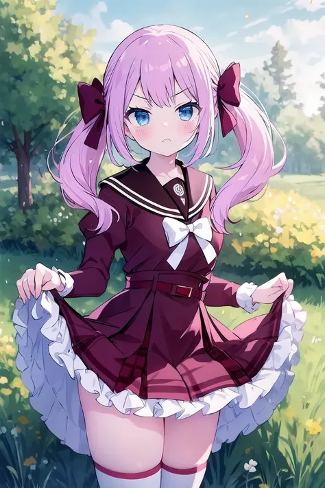 highres,masterpiece, best quality, 1girl, solo , outdoors,(skirt lift by myself:1.2), standing, cowboy shot, angry, blush,looking at viewer,
sadamori, kanbauniform, hair bow, twintails,long hair, thighhighs,
<lora:sadamori_v1_lora:0.8>, <lora:envybetterhandsLocon_beta2:1>