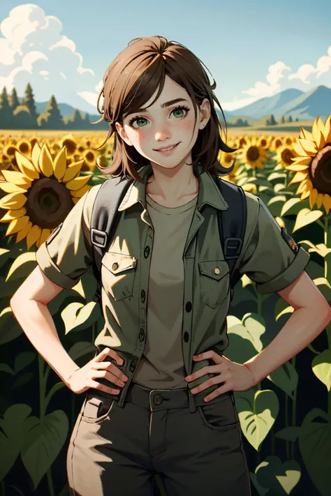 ((ultra detailed, masterpiece, absurdres))
 <lora:TLOU2Ellie:0.8>
TLOU2Ellie, 1girl, solo, long hair, brown hair, green eyes, surrounded by sunflowers in a bright field, smiling, with hands on hips