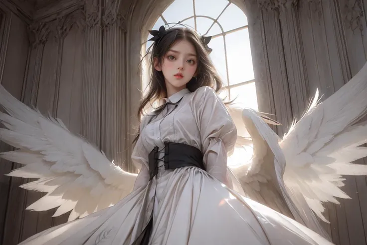 angel wings,backlit,looking at viewer,Angle looking up from below,Feathers dance,<lora:hairdetailer:1>,<lora:GodPussy2 v1:0.6>,godpussy2,see-through,white_gothic_ta,multiple_wings,smire,remains,v_arms,