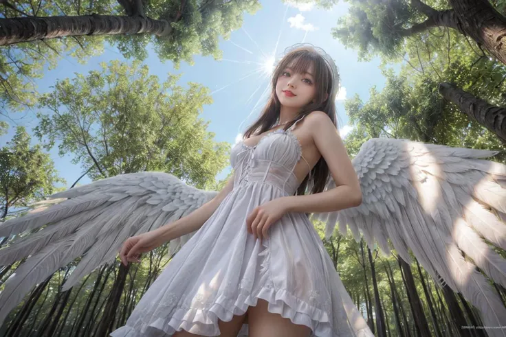 in forest,angel wings,backlit,looking at viewer,Angle looking up from below,Feathers dance,<lora:hairdetailer:1>,<lora:GodPussy2 v1:0.6>,godpussy2,see-through,seductive_smile,white_gothic_ta,multiple_wings,