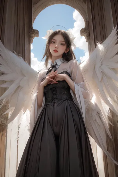 angel wings,backlit,looking at viewer,Angle looking up from below,Feathers dance,<lora:hairdetailer:1>,<lora:GodPussy2 v1:0.6>,godpussy2,see-through,white_gothic_ta,multiple_wings,smire,remains,spread both hands,