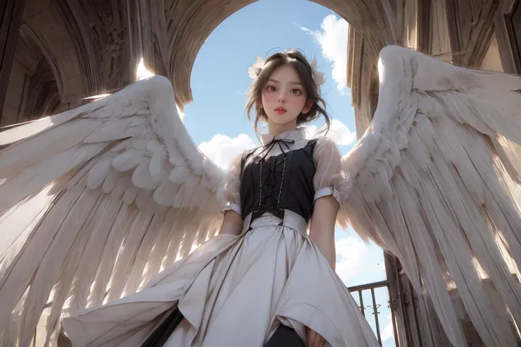 angel wings,backlit,looking at viewer,Angle looking up from below,Feathers dance,<lora:hairdetailer:1>,<lora:GodPussy2 v1:0.6>,godpussy2,see-through,white_gothic_ta,multiple_wings,smire,remains,v_arms,