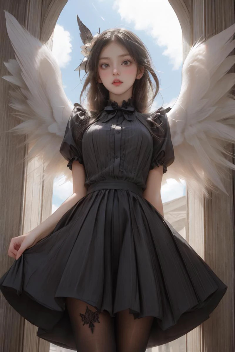 angel wings,backlit,looking at viewer,Angle looking up from below,Feathers dance,<lora:hairdetailer:1>,<lora:GodPussy2 v1:0.6>,godpussy2,see-through,white_gothic_ta,multiple_wings,smire,remains,v_arms,
