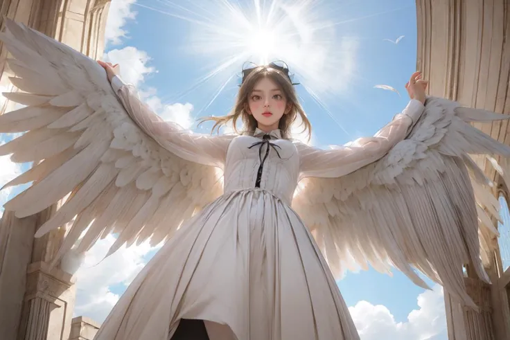 angel wings,backlit,looking at viewer,Angle looking up from below,Feathers dance,<lora:hairdetailer:1>,<lora:GodPussy2 v1:0.6>,godpussy2,see-through,white_gothic_ta,multiple_wings,smire,remains,outstretched_arms,
