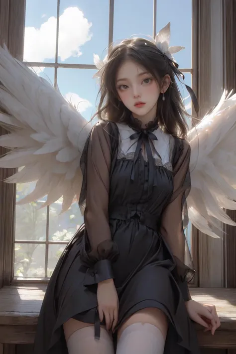 angel wings,backlit,looking at viewer,Angle looking up from below,Feathers dance,<lora:hairdetailer:1>,<lora:GodPussy2 v1:0.6>,godpussy2,see-through,white_gothic_ta,multiple_wings,smire,remains,v_arms,