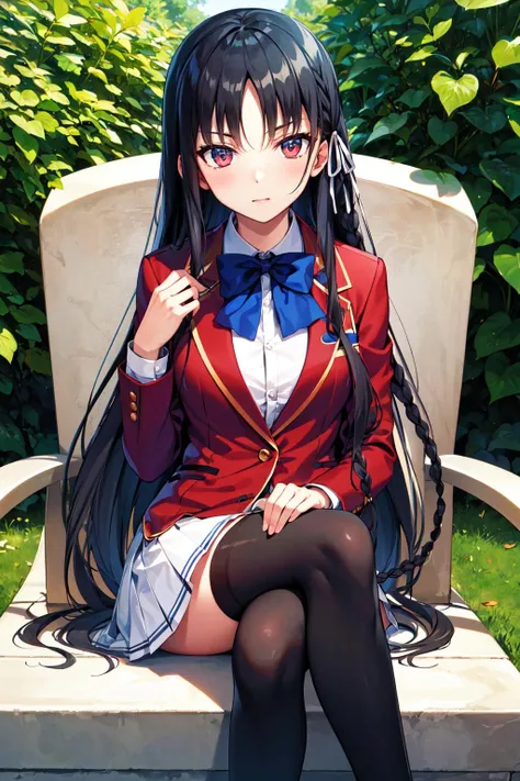masterpiece, best quality, highres, aasuzune, long hair, black hair, (single braid:1.2), hair ribbon, red jacket, blazer, blue bowtie, long sleeves, white skirt, black thighhighs, <lora:horikita_suzune_v1:0.7>, sitting, crossed legs,