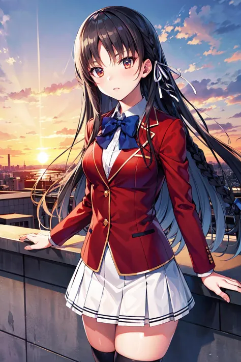 masterpiece, best quality, highres, aasuzune, long hair, black hair, (single braid:1.2), hair ribbon, red jacket, blazer, blue bowtie, long sleeves, white skirt, black thighhighs, <lora:horikita_suzune_v1:0.7>, sunset, rooftop, standing