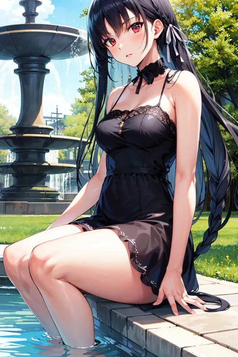 Armpit Hair、Show both sides、High heels(Black)、pantyhose(Black)、garter belt(Black)、Big Breasts、Long Hair(Black、straight)、Squat、Leg spread、Married Woman、first round、Voluptuous、Puddle、Outdoor、garden、rain