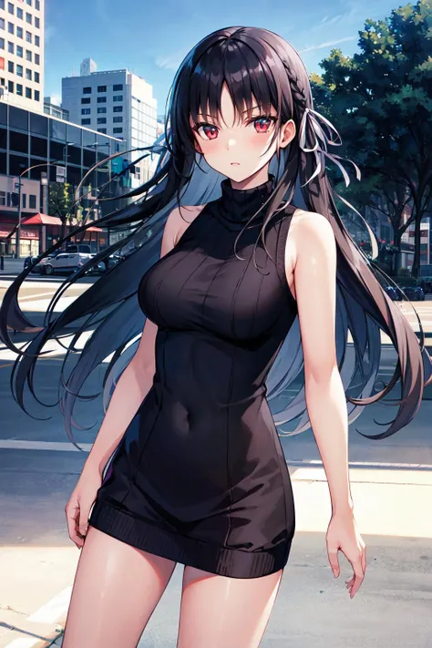 masterpiece, best quality, highres, aanazuna, two side up, multicolored hair, <lora:kaga_nazuna_v1:0.7>, sweater dress, ribbed sweater, turtleneck, sleeveless, street, standing,
