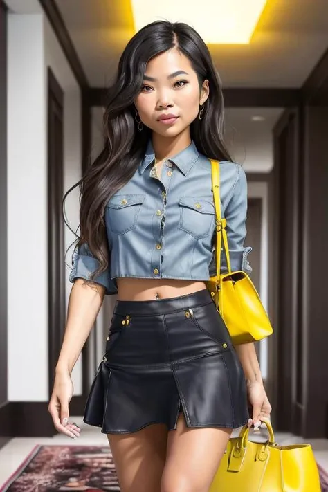 masterpiece, closeup photo of ( vina:0.99), casual attire, black skirt, black denim blouse,with a handbag, walking on an oriental rug, soft yellow light,handsome babe