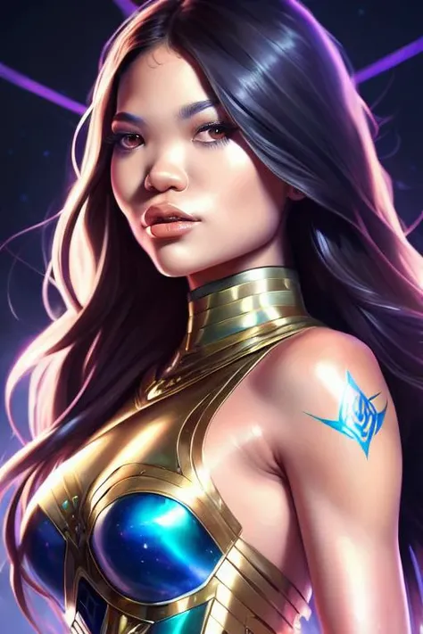 ultra realistic photo portrait of (vina-3000), cosmic energy, colorful, painting burst, beautiful symmetrical face, (tight crop top, short skirt), nonchalant kind look, realistic eyes, tone mapped, intricate, elegant, highly detailed, digital painting, artstation, concept art, smooth, sharp focus, illustration, dreamy magical atmosphere, art by artgerm and greg rutkowski and alphonse mucha, 4k, 8k