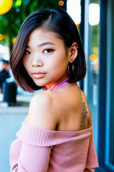 piercing eyes, looking straight, a 20 year old cute vina-3000, short salon hair, wearing an off-shoulder sweater, choker, closeup portrait, in a outdoor cafe in 2015, afternoon light