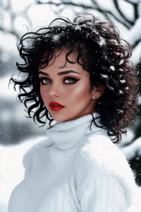 photo of robertav:0.99, a woman, ((black hair, curly hair,messy hair, bangs):1.2), ((closeup, portrait):1.3), ((outdoors, snow):1.3),((red lipstick, eyeliner, eye shadow):1.1), ((turtleneck sweater):1.2), ((best quality, masterpiece, extreme details):1.2), ((beautiful eyes, detailed eyes, detailed face, beautiful face):1.2),