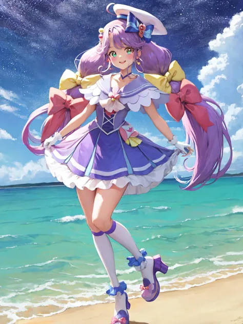 masterpiece, best quality, highres, looking at viewer, depth_of_field, full body, smile,
1girl, <lora:locon_cure_coral_02:0.95>, cure coral, low twintails, sailor dress, ahoge, capelet, knee boots, hair ribbon, sailor hat, fingerless gloves, choker, heart facial mark, hair ornament, high heels,
standing, gradient background, sea, ocean,