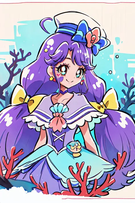 masterpiece,best quality,1girl,cure coral,low twintails,sailor dress,ahoge,capelet,hair ribbon,sailor hat,choker,heart facial mark,hair ornament,smile,arms behind back,underwater,submerged,bubble,coral,fish,upper body,<lora:locon_cure_coral_02:0.9>,<lora:KamikitaV2:0.8>,