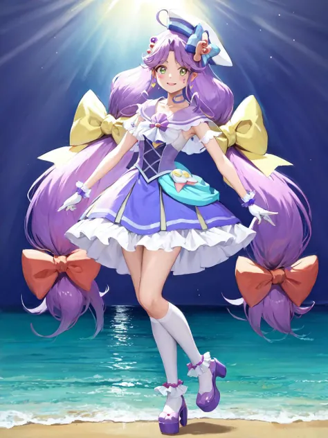 masterpiece, best quality, highres, looking at viewer, depth_of_field, full body, smile,
1girl, <lora:locon_cure_coral_02:0.95>, cure coral, low twintails, sailor dress, ahoge, capelet, knee boots, hair ribbon, sailor hat, fingerless gloves, choker, heart facial mark, hair ornament, high heels,
standing, gradient background, sea, ocean,