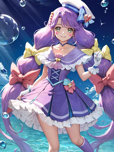 masterpiece, best quality, highres, looking at viewer, depth_of_field, smile, underwater,
1girl, <lora:locon_cure_coral_02:0.9>, cure coral, low twintails, sailor dress, ahoge, capelet, knee boots, hair ribbon, sailor hat, fingerless gloves, choker, heart facial mark, hair ornament, porch,
standing, gradient background, sea, ocean,