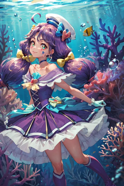masterpiece,best quality,1girl,cure coral,low twintails,sailor dress,ahoge,capelet,knee boots,hair ribbon,sailor hat,fingerless gloves,choker,heart facial mark,hair ornament,porch,smile,arms behind back,underwater,submerged,bubble,coral,fish,tropical,dutch angle,<lora:locon_cure_coral_02:0.9>,<lora:Concept-control tool-add_detail-CyberAIchemist:1>,