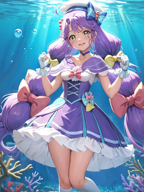 masterpiece, best quality, highres, looking at viewer, depth_of_field, smile, underwater,
1girl, <lora:locon_cure_coral_02:0.9>, cure coral, low twintails, sailor dress, ahoge, capelet, knee boots, hair ribbon, sailor hat, fingerless gloves, choker, heart facial mark, hair ornament, porch,
standing, gradient background, sea, ocean,