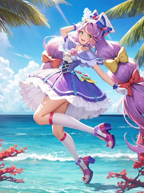 masterpiece, best quality, highres, looking at viewer, depth_of_field, full body, smile,
1girl, <lora:locon_cure_coral_02:0.95>, cure coral, low twintails, sailor dress, ahoge, capelet, knee boots, hair ribbon, sailor hat, fingerless gloves, choker, heart facial mark, hair ornament, high heels, porch,
standing, gradient background, sea, ocean,