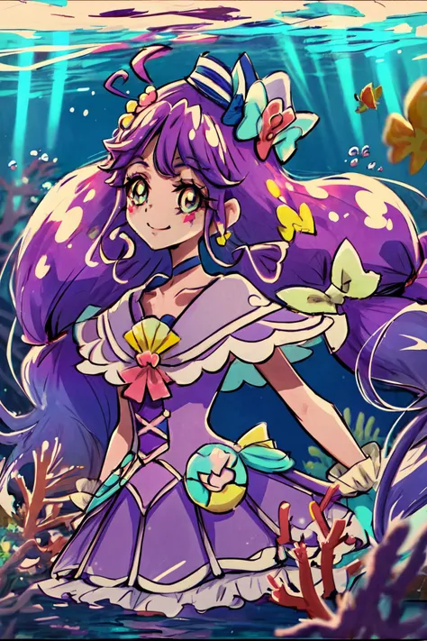 masterpiece,best quality,1girl,cure coral,low twintails,sailor dress,ahoge,capelet,hair ribbon,sailor hat,choker,heart facial mark,hair ornament,smile,arms behind back,underwater,submerged,bubble,coral,fish,upper body,<lora:locon_cure_coral_02:0.9>,<lora:KamikitaV2:0.8>,