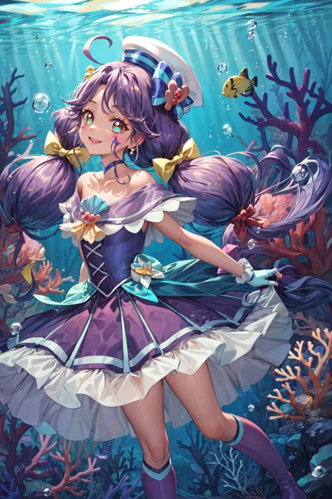 masterpiece,best quality,1girl,cure coral,low twintails,sailor dress,ahoge,capelet,knee boots,hair ribbon,sailor hat,fingerless gloves,choker,heart facial mark,hair ornament,porch,smile,arms behind back,underwater,submerged,bubble,coral,fish,tropical,dutch angle,<lora:locon_cure_coral_02:0.9>,<lora:Concept-control tool-add_detail-CyberAIchemist:1>,