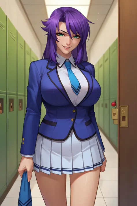 score_9, score_8_up, score_7_up, score_6_up, source_anime, BREAK 1girl, solo,  <lora:lieribishop-pdxl-nvwls-v1-000005:0.8> pbLieri, purple hair, large breasts, blue blazer, necktie, pleated skirt, hallway, looking at you, smile, lockers