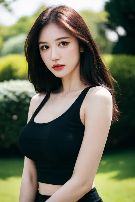 30 years old woman, milf, RAW photo, ((bokeh)) , (photorealistic:1.4, realistic), highly detailed CG unified 8K wallpapers, 1girl, ((slender body:1.2)), (large breasts:1.4), looking at viewer, ((straight from front)), (HQ skin:1.2), 8k uhd, dslr, soft lighting, high quality, film grain, Fujifilm XT3, ((((full body:0.6)))), ((black tanktop)), (((outdoor, at park))) ,<lora:yuansayuki_v1:0.8> yuansayuki