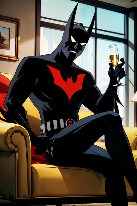 Batman-Beyond, looking at viewer, sitting, on sofa, holding a champagne glass, inside fancy living room, extreme detail, masterpiece, <lora:Batman_Beyond:.8>