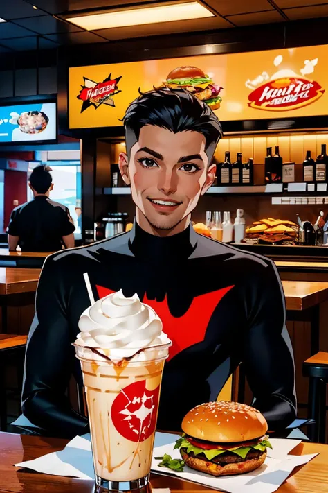 Batman-Beyond, short black hair, black eyes, looking at viewer, happy, upper body shot,sitting behind a small table, inside a fastfood restaurant, table full of food, hamburgers, french fries, drinking a large frosted milkshake, extreme detail, masterpiece, <lora:Batman_Beyond:.7>