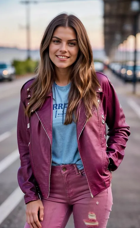 <lora:Adrienne Barbeau V1 LORA:0.5><lora:biker_jacket0:0.8> A professional full body three quarters photo of a beautiful (20y old:1.2) young woman, (adriennebarbeau:1), long hair, (wearing (magenta) biker_jacket), (white tshirt), (ripped blue jeans), smiling, hands on hips, finely detailed skin, detailed hair, sharp focus, depth of field. female focus. bokeh:1.4, natural lighting, freeway background, kkw-ph1