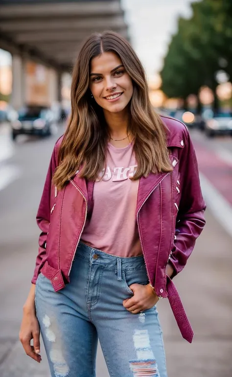 <lora:Adrienne Barbeau V1 LORA:0.5><lora:biker_jacket0:0.8> A professional full body three quarters photo of a beautiful (20y old:1.2) young woman, (adriennebarbeau:1), long hair, (wearing (magenta) biker_jacket), (white tshirt), (ripped blue jeans), smiling, hands on hips, finely detailed skin, detailed hair, sharp focus, depth of field. female focus. bokeh:1.4, natural lighting, freeway background, kkw-ph1