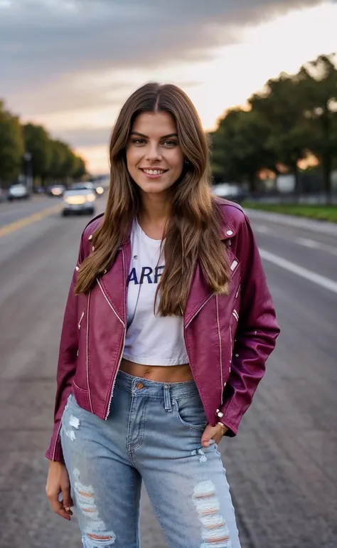 <lora:Adrienne Barbeau V1 LORA:0.5><lora:biker_jacket0:0.8> A professional full body three quarters photo of a beautiful (20y old:1.2) young woman, (adriennebarbeau:1), long hair, (wearing (magenta) biker_jacket), (white tshirt), (ripped blue jeans), smiling, hands on hips, finely detailed skin, detailed hair, sharp focus, depth of field. female focus. bokeh:1.4, natural lighting, freeway background, kkw-ph1