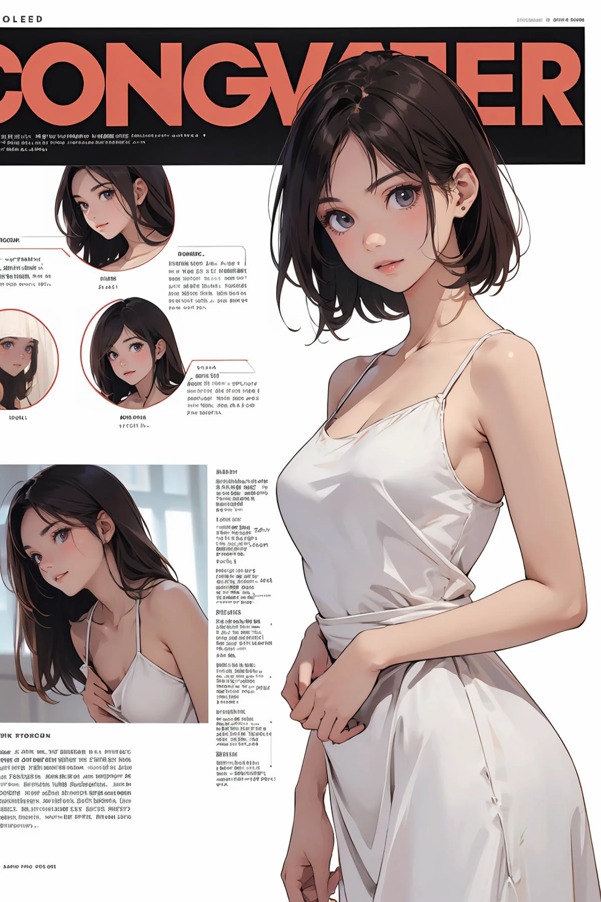 8k high quality detailed,highres,anime,comic,detailed image,
(an illustration of a teenage girl posing,(an illustration of girl,teenage girl)),(magazine_illustration),(multiple view manuscript),(magazine_sheet),
(1girl,asian_female,coral hair, short hair, hair spiral, brown eyes, tall, small breasts,(Alluring Smile):0.85),detailed_face,realistic_skin_texture,
((cowering):0.8),
((<lora:æ§æç½è²è纱è¿è¡£è£5+ç¾å¥³:0.55>, killer,dress,white dress,white skirt,silk_texture,loose_fitting):0.8),realistic clothing texture,