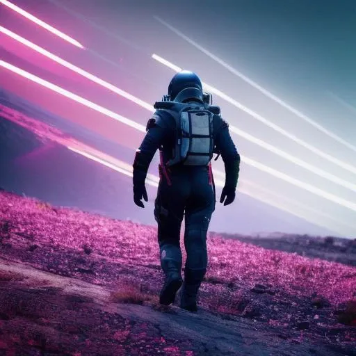 a photo of death stranding scenery, scifi style,anatomically correct human male figure in astronaut suit in field,helmet glowing pink, dynamic lighting, atmosphere lighting, hyper detail features, ray tracing, high flare, 3D, cinematic lighting, dark shadows, unrealistic Engine 5 rendering, hyper detail,trending on artstation, 4k,extremely high details, ultra hd, hdr, 8k, extremely high details